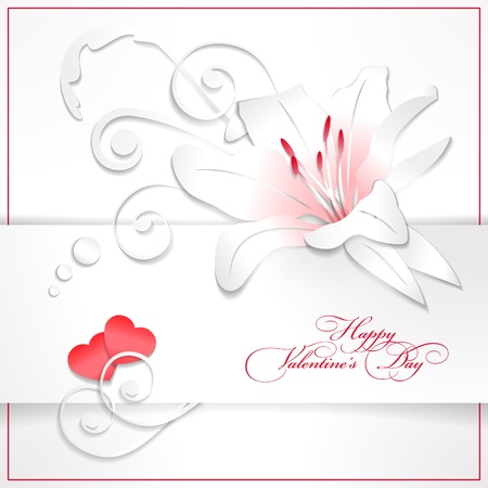 Floral Valentine's day vector background with red hearts, white paper lily, text, decorations, banner and drop shadows.のイラスト素材
