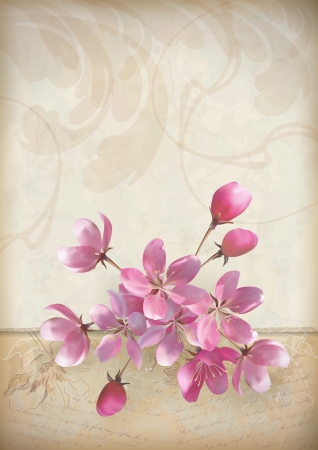 Realistic vector cherry blossom flower arrangement spring design with a beautiful bouquet of pink flowers, ragged edge of ornate Old paper sheet with sketchy flowers and classic calligraphic text on vintage grunge wallpaper background in retro styleのイラスト素材
