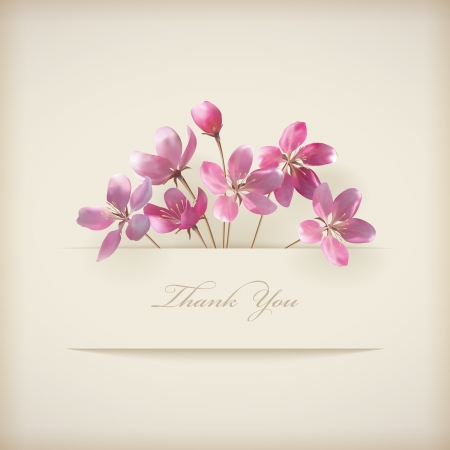 Floral Thank you card with beautiful realistic spring pink flowers and banner with drop shadows on a beige elegant background in modern style  Perfect for wedding, greeting or invitation design