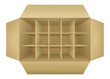 Open empty corrugated cardboard packaging box, with subtle textures, dividers,  flaps, shadows,  isolated on white background  Detailed realistic illustrationのイラスト素材