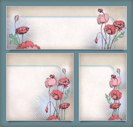 Vintage flower banners in different layout  Set of floral banners or postcards with pink, red drawing poppies and halftone elements on a background のイラスト素材