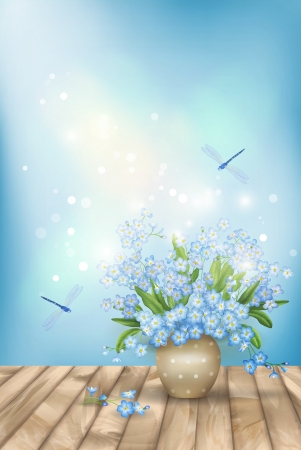 Spring blue flowers, dragonflies on wood のイラスト素材