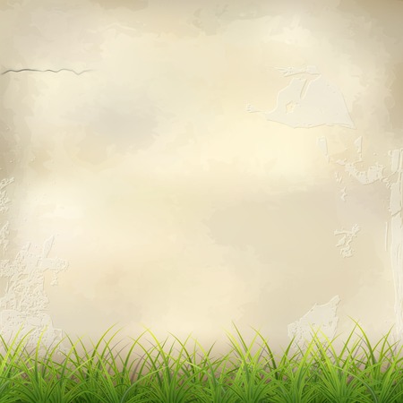 Vector green grass on plaster wall abstract background with subtle delicate grunge texture of surface in shades of light beige colorsのイラスト素材