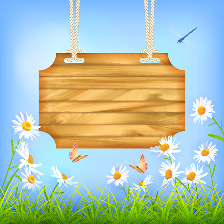 Vector wooden sign board hanging on a rope, blue sky, green grass, Daisy flowers, butterfly, dragonfly. Summer day natural background Âのイラスト素材