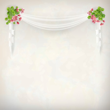 Floral vintage wedding background with cherry blossom flowers arrangement, green leaves, white transparent curtains on marble textured wall in retro styleのイラスト素材