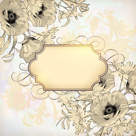 Vector vintage floral invitation card with frame border, pencil hand drawing flowers on textured background in retro styleのイラスト素材