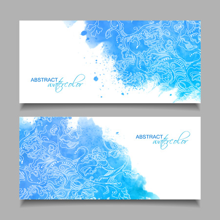 Abstract vector watercolor blue banners with hand drawn floral sketch pattern and subtle grunge texture on white background のイラスト素材