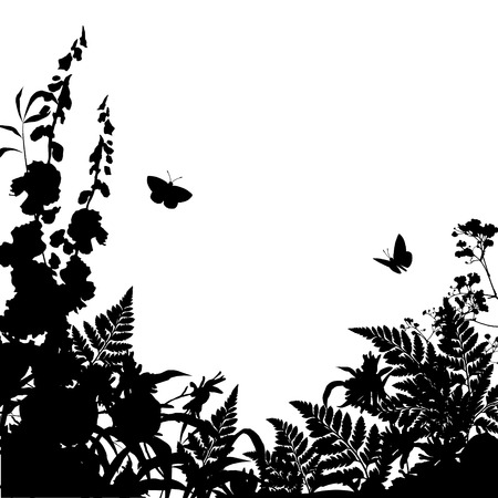 Vector wild grass, herbs and flowers silhouette backgroundのイラスト素材