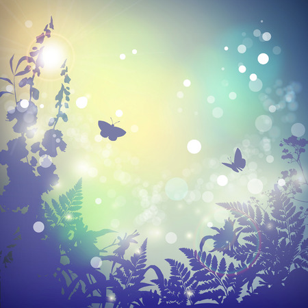 Summer vector landscape nature background. Wild grass, herbs, butterfly and flowers silhouette. Sunset. Vintage poster in retro color. Blur. Bokehのイラスト素材