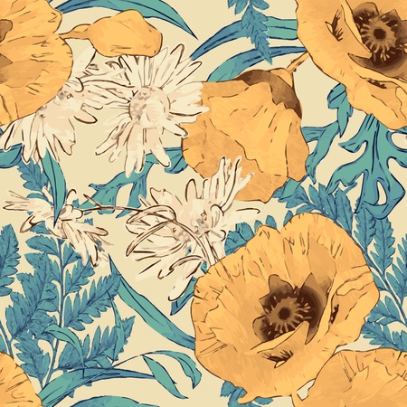 Vintage vector seamless pattern with hand drawn flowers  Retro floral wallpaper classic style backgroundのイラスト素材