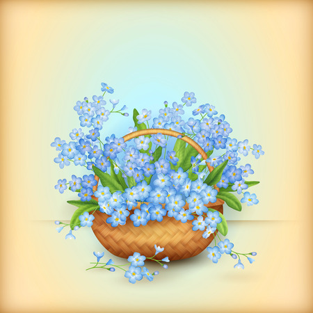 wicker basket with forget-me-nots flowers. Vintage floral greeting cardのイラスト素材