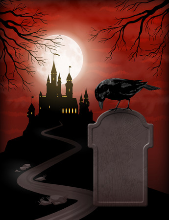 Halloween Party Invitation with castle silhouette on the hill against moonlight sky, Raven, gravestoneのイラスト素材