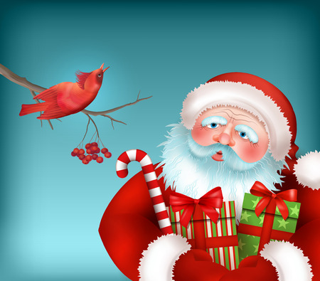 Santa Claus is Listening to the Bird Singing. Vector Christmas cardのイラスト素材