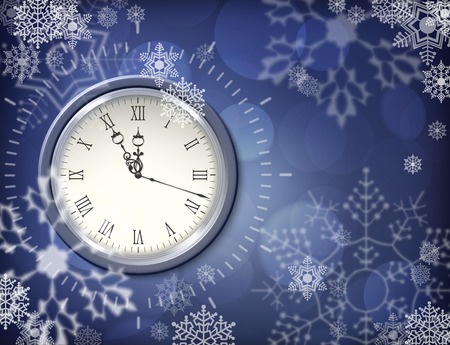 Christmas vector clock over abstract snowy dark blue background