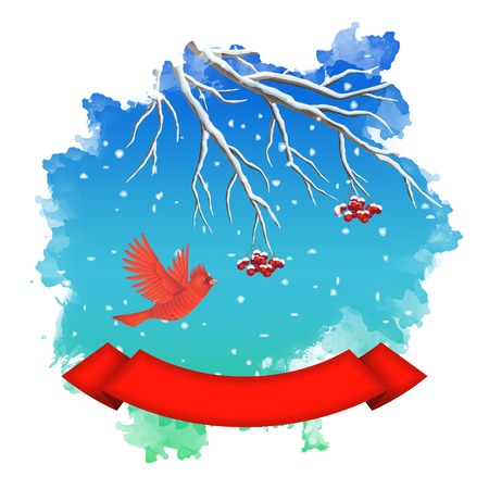 winter landscape with flying bird, Rowan branch, snow, ribbon banner inside watercolor vector splashのイラスト素材