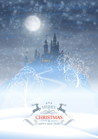Christmas winter vector castle silhouette on the hill against moonlight sky with soft clouds textureのイラスト素材