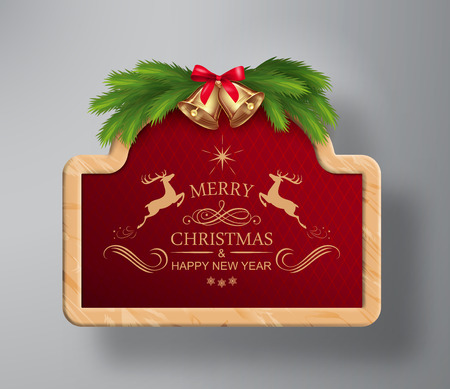 Vector Christmas card. Wooden border frame, fir tree branches, bow, bellsのイラスト素材