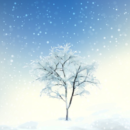 Digital vector artistic painting, winter watercolor landscape with snow, frozen treeのイラスト素材