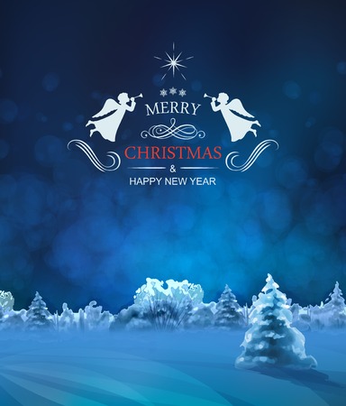 Watercolor Winter Night Landscape with snow-covered forest, fir tree, textのイラスト素材