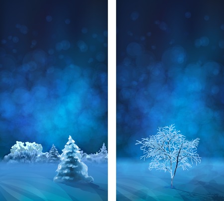 Vector Watercolor Winter Night Banners With Snow Covered Forest