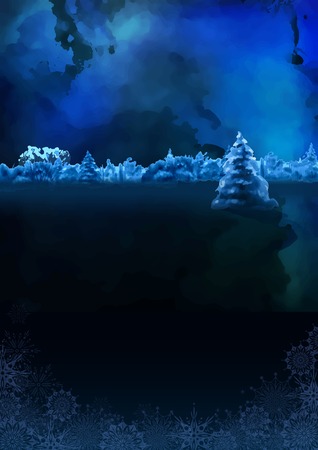 Vector watercolor winter banner. Dark blue night landscape with snow-covered forest, fir treeのイラスト素材