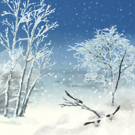 Vector artistic painting, winter watercolor landscape with birds, snow, frozen treesのイラスト素材