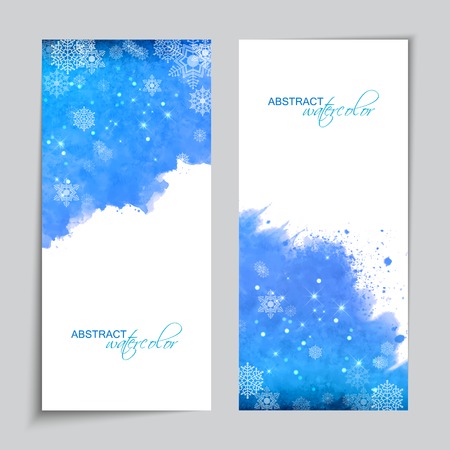 Abstract Christmas vector watercolor blue banners with snowflakes and subtle grunge texture on white backgroundのイラスト素材