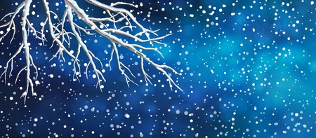 Vector Christmas panoramic banner. View of night dark blue sky, snowfall. bare tree branchesのイラスト素材