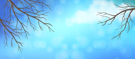 Vector panoramic banner. Blue sky with white cloud and bare tree branchesのイラスト素材