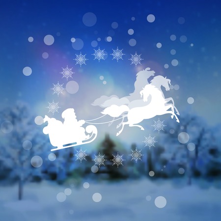 Santa Riding Sleigh over blurred night landscape background. Christmas holidays cardのイラスト素材