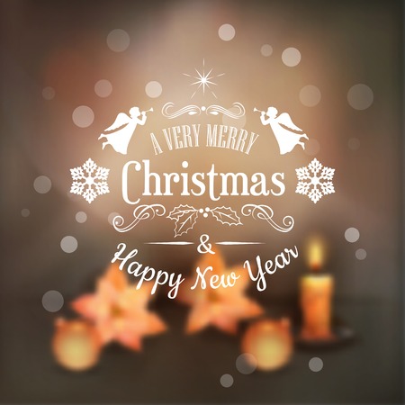 Vector Christmas Typography Blurred Background with candle, poinsettias, Christmas ornamentsのイラスト素材
