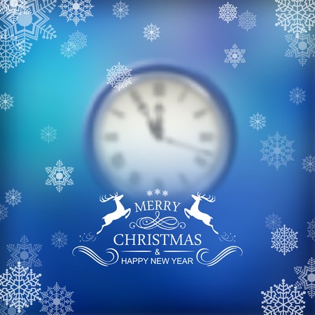 Vector Christmas Clock over Blurred Background with snowflakesのイラスト素材