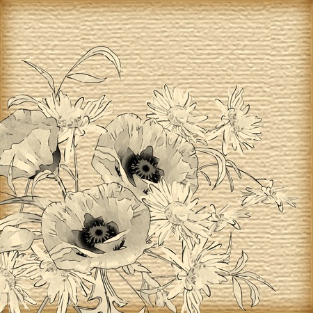 Vintage vector watercolor or pencil hand drawing flowers on old paper background. Romantic floral design in classic retro styleのイラスト素材