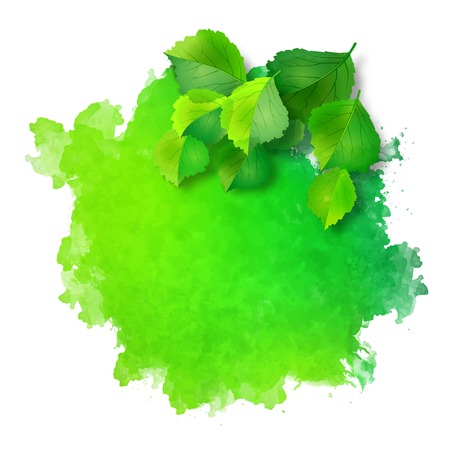Abstract vector watercolor spot with green leaves on rough grunge texture painted backgroundのイラスト素材