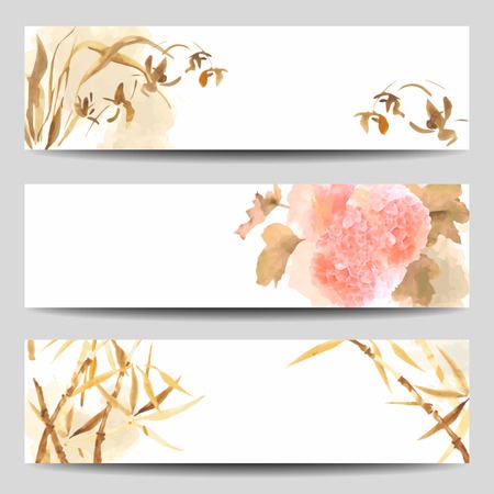 Watercolor vector banners in Oriental style. Wild Orchid, Hydrangea flowers, stalk of bamboo painted in the traditional Japanese styleのイラスト素材