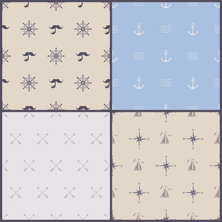 Set of vector hipster seamless patterns with marine symbols. Anchor mustache, boat, Seagull, bolt, tube, compassのイラスト素材