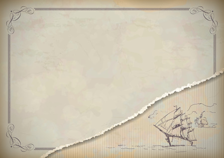 Vintage sailboat drawing on old paper. Travel background with artistic hand drawn ship, antique frameのイラスト素材