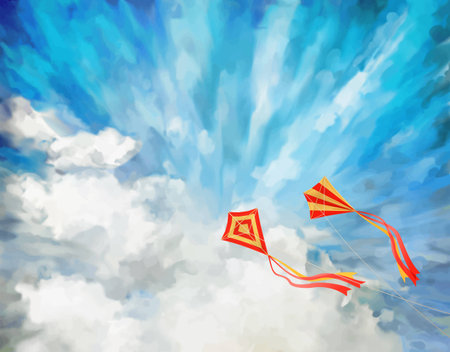 Blue sky vector artistic background  with white fluffy clouds, flying kitesのイラスト素材