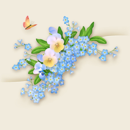 Floral vector greeting card with forget-me-not, pansy flowers, butterfly, shadows on a beige background. Perfect for wedding, greeting or invitation designのイラスト素材