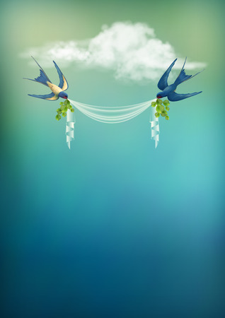 Wedding vector party card with flying bird swallow, green leaves branch, transparent chiffon, cloud. Romantic flyer in retro styleのイラスト素材