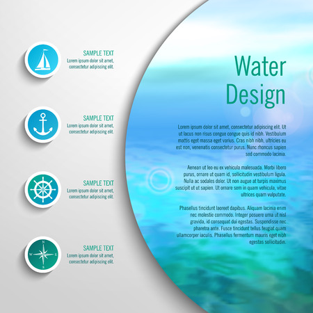 Vector marine template with infographic elements. Blurred sea background with icons, buttonsのイラスト素材