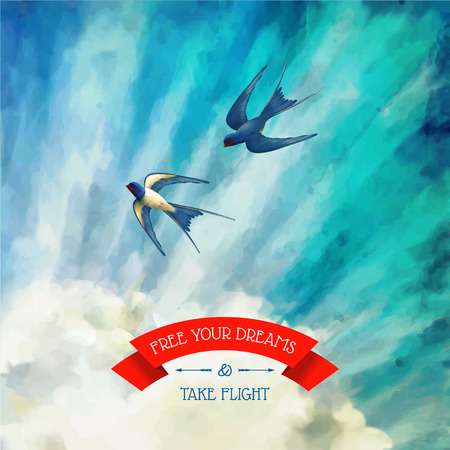 Free your Dreams and Take Flight quote. Blue sky vector artistic background with white fluffy clouds, flying swallowsのイラスト素材