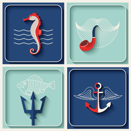 Vector marine theme icons. Nautical travel symbol flat and shadow design setのイラスト素材