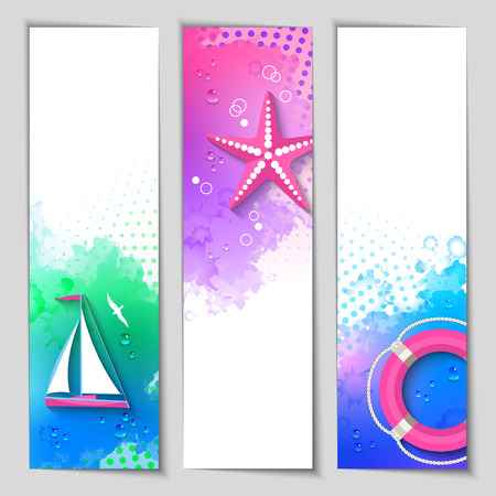 Abstract set of marine watercolor banners with nautical elementsのイラスト素材