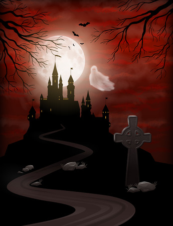 Halloween Party Invitation with castle silhouette on the hill against moonlight sky, flying Ghost, gravestoneのイラスト素材