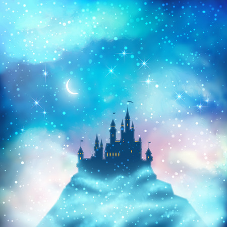 Christmas winter vector castle silhouette on the hillのイラスト素材