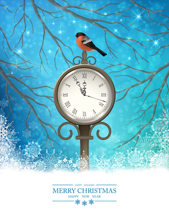 Vector Winter Christmas Scene Background. Xmas landscape with tree branches, vintage outdoor clock, bird bullfinch in the eveningのイラスト素材