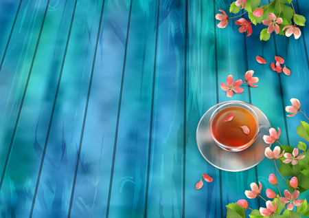 Spring Vector Top View Background. Cup of tea, cherry blossom flowers with fallen petals on wooden tableのイラスト素材