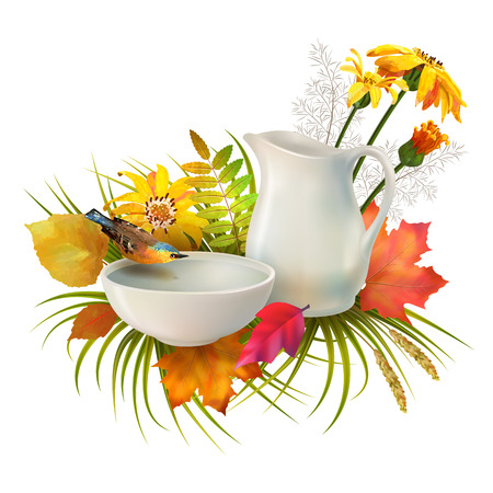 Autumn vector composition. Pitcher and bird drinking water from a pottery bowl, flowers, fall leaves on white backgroundのイラスト素材
