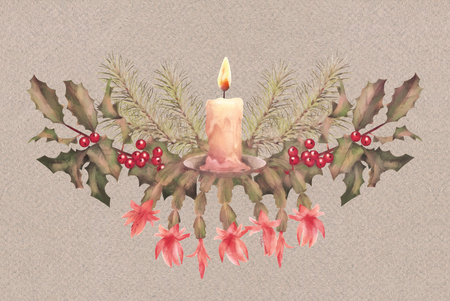 Christmas Watercolor Garland. Holiday composition of the Christmas ornamentsの写真素材